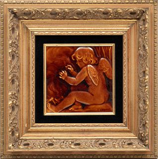 Isaac Broome (American, 1835-1922) Tile Plaque, "Cherub in Relief", H 6" W 6"