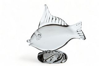 Murano Style Clear Art Glass Fish Sculpture, Ca. 1960, H 9.25" W 3.25" L 9.5"