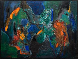 Florence Rosen (American, D. 1975) Mized Media And Oil on Canvas, Ca. 1960s, "Abstract in Blue, Green, Red And Orange", H 24" W 32"