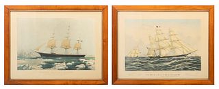 Nathaniel Currier, Hand-tinted Stone Lithographs on Paper, Clipper Ships 'Red Jacket' & 'Sweepstakes', H 16" W 24" 2 pcs
