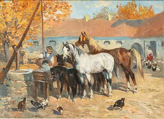 Jerzy Potrzebowski (Polish, 1921-1974) Oil on Canvas, Ca. Mid 20th C., "Man Watering Horses", H 21" W 29"