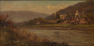 Sydney M. Broad (English, 1853-1942) Oil on Canvas Ca. 1900, "Tintern Abby, Cardiff", H 12" W 24"