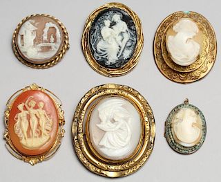 6 Cameo Brooches, including Shell