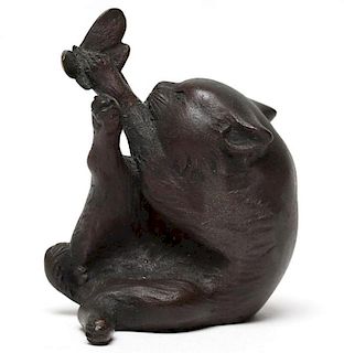 Small Japanese Bronze of Cat with Butterfly