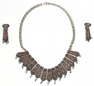Israeli Silver & Coral Necklace/Clip Earrings Set