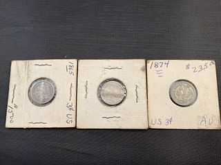 Group of 3 Three-Cent Nickel Pieces 1865, 1865, 1874