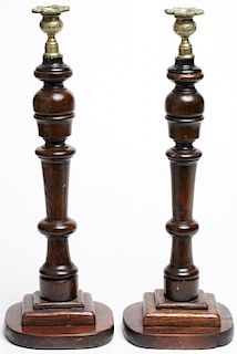 Pair English Walnut Baluster-Turned Candlesticks