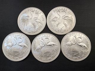 Group of 5 1972 Bahamas Two-Dollar Sterling Silver Flamingo Coin