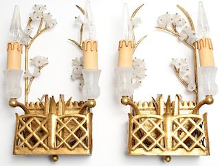 Pair of Italian Gilt Metal & Frosted Glass Sconces