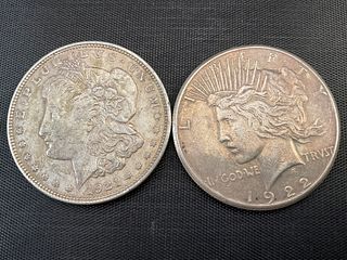 1921 Morgan Silver Dollar and 1922 S Peace Silver Dollar