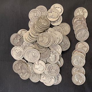 Group of 100 Washington Silver Quarters 1940s - 1950s