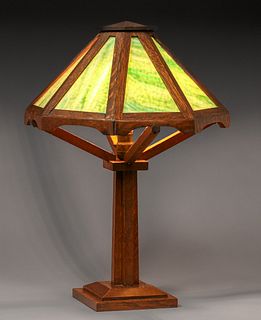 W.B. Brown Oak & Slag Glass Lamp c1910