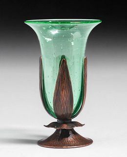 Roycroft Hammered Copper & Steuben Glass Flared Vase c1920s
