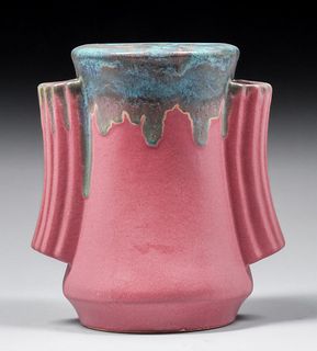 Fulper Pottery #804 Art Deco Two-Handled Pink& Blue Vase c1920s