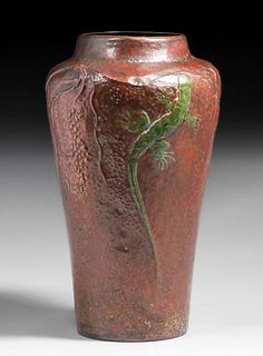 Ludwig Vierthaler Hammered Copper & Enamel Lizard Vase c1905