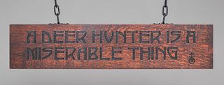 Roycroft Hand-Carved Oak Hanging Motto "A Deer Hunter is a Miserable Thing" C1910