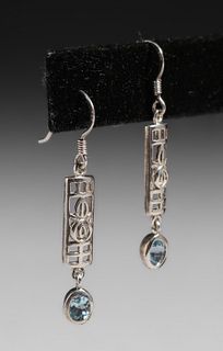 Celtic Arts & Crafts Sterling Silver Cutout Aquamarine Earrings c1920s
