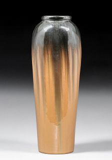 Tall Fulper Pottery 16"h Mirror Black Cat's Eye Flambe Floor Vase c1910