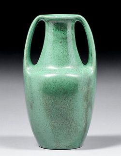 Teco Pottery Semi-Matte Green Two-Handled Vase c1910