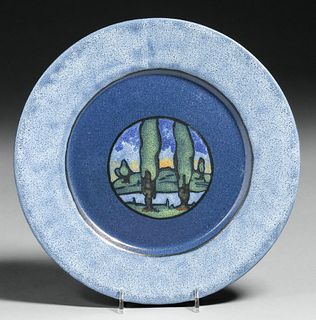 Paul Revere Pottery Lili Shapiro Arthur Wesley Dow Influenced Double Tree Landscape Decorated Plate 1926