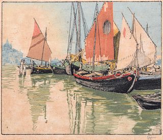 Hans Figura (Austrian 1898-1978) Color Woodcut "Boats on the Grand Canal Venice c1920s