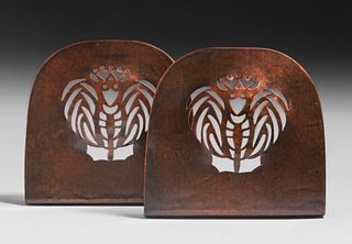 Minneapolis Handicraft Guild Hammered Copper Cutout Bookends c1910