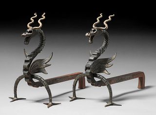 Arts & Crafts Hand-Forged Iron Dragon Andirons c1910