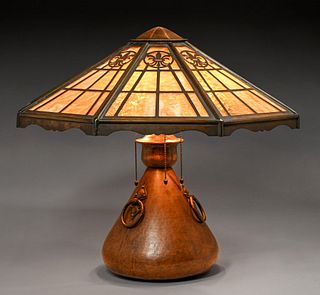 Limbert Hammered Copper & Slag Glass Three-Handle Lamp c1910