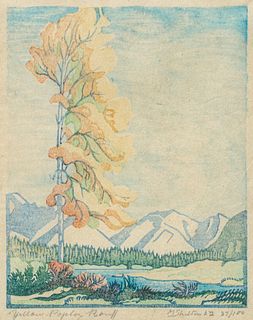 Margaret Shelton (1915-1984) Color Woodcut "Yellow Poplar, Banff" Alberta, Canada 1952