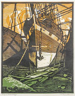 William Rice (1873-1963) Color Woodcut “Ships of Yesterday” c1926