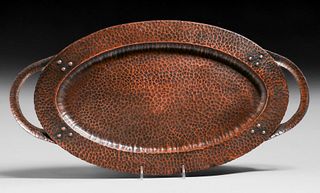 Arts & Crafts Hammered Copper Oval Two-Handled Tray c1910