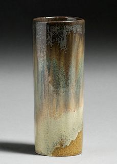 Fulper Pottery Mirror Black Flambé over Matte Mustard Cylinder Vase c1910