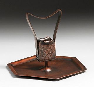 Early Craftsman Studios - Los Angeles Hammered Copper Owl Matchbox Holder & Tray c1920s