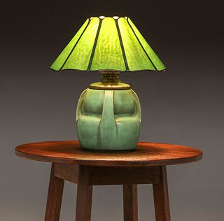 Rare Teco Pottery #288 Matte Green Buttress Lamp c1910
