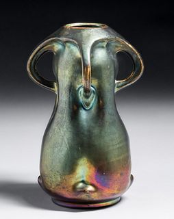 Heliosine Ware Pottery - Austria Four-Handled Iridescent Vase c1900s