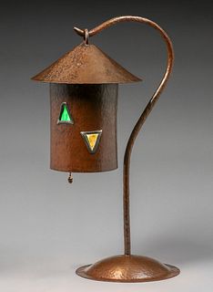 Fulper-Influenced Hammered Copper & Leaded Glass Lamp c1910