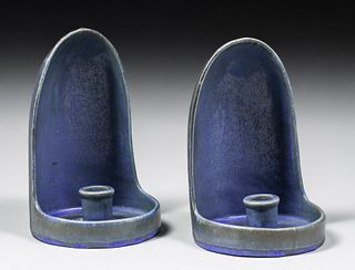 Pair Fulper Pottery Matte Blue Hooded Chambersticks c1910s
