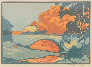 Charles H. Richert</strong> (1880-1974) Color Woodcut "Wilton Bridge" c1920s