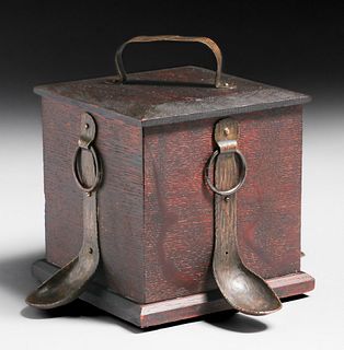 Arts & Crafts Oak & Hammered Brass Pipe Smoker's Box c1910