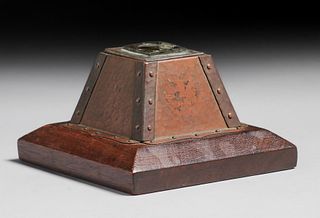 Arts & Crafts Hammered Copper & Mahogany Riveted Inkwell c1910