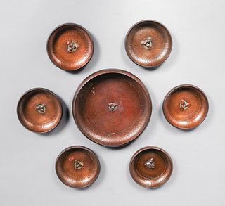 Roycroft Hammered Copper Polychrome Trifoil Nut Bowl Set c1920s
