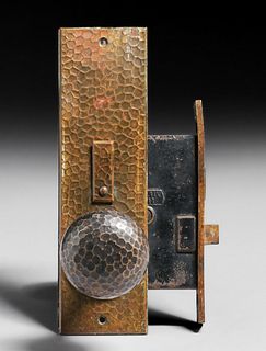 Arts & Crafts Period Hammered Copper & Brass Door Knob Set c1910