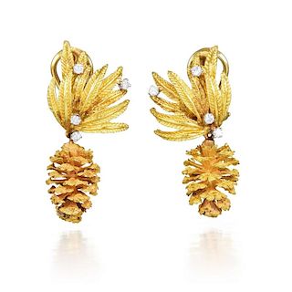 A Pair of Gold and Diamond Pine Cone Earrings