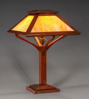 Arts & Crafts Oak & Slag Glass Lamp c1910