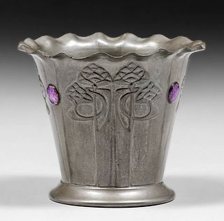 Liberty & Co Tudric Archibald Knox Flared Pewter & Ruskin Enamel Vase c1900s