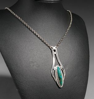Chicago Prairie School Cutout Sterling Silver & Turquoise Pendant Necklace c1910