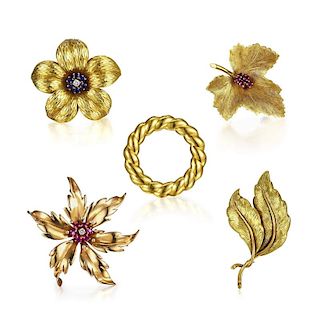 Tiffany & Co. Gold Brooches, Lot of Five