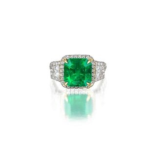 A 4.17-Carat Colombian Emerald Diamond and Gold Ring