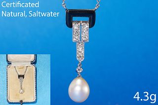 CERTIFICATED NATURAL SALTWATER PEARL, ENAMEL AND DIAMOND PENDANT NECKLACE.