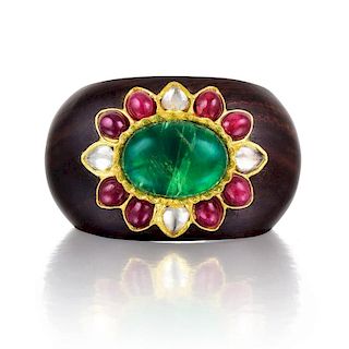 A Ruby and Emerald Wooden Bangle